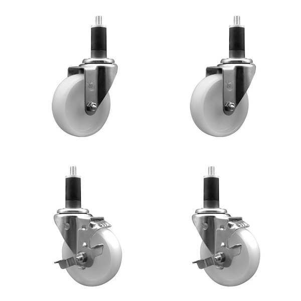 4'' Nylon Wheel Swivel 1-1/4'' Expanding Stem Caster Set 2 Brakes, 4PK
